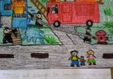 Los bomberos y los niños apagando el fuego