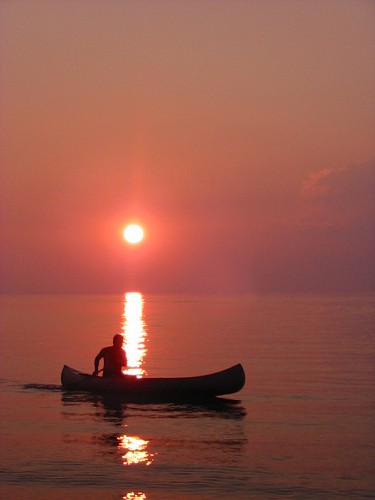 Lake Erie - Pink Sun on Canoe - Ontario, Canada July 2002