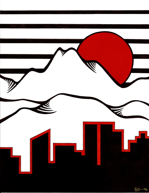 Cityscape red sun