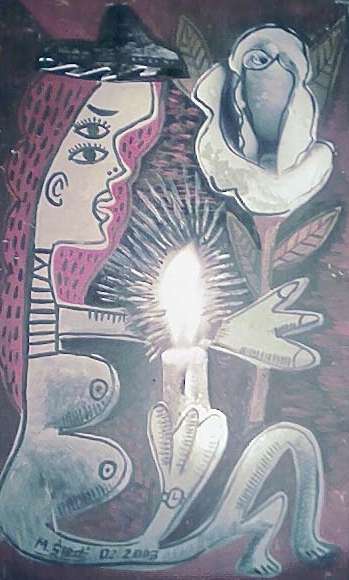 Girl, candle and flower.