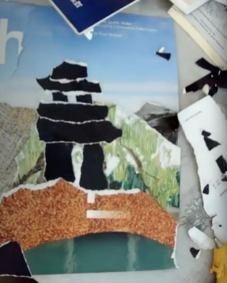 A Jason Sikoak mixed media collage of an Inukshuk