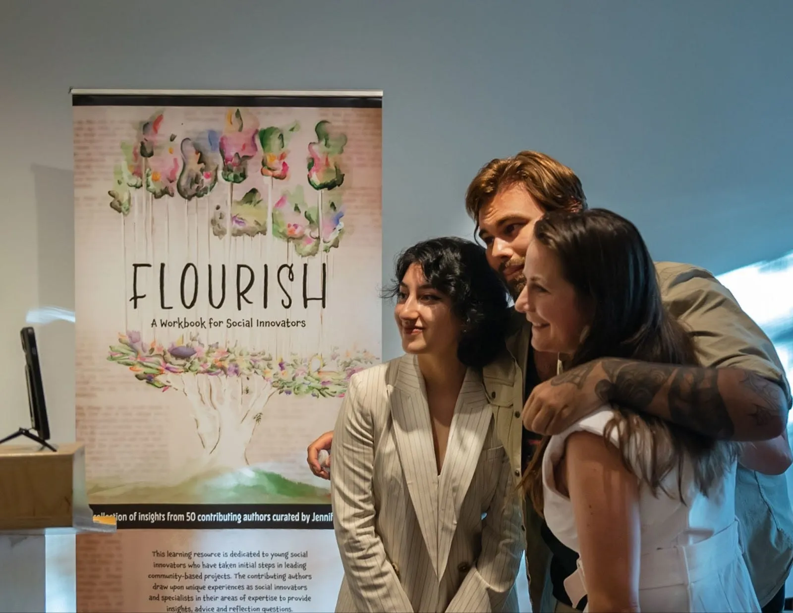 Flourish Contributing Authors Vedanshi Vala and Patrick Shannon with Curator Jennifer Corriero