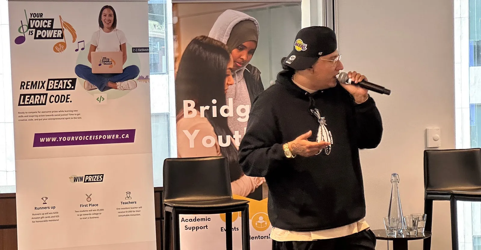 Artist Dakota Bear speaking to Your Voice is Power Hackathon Attendees