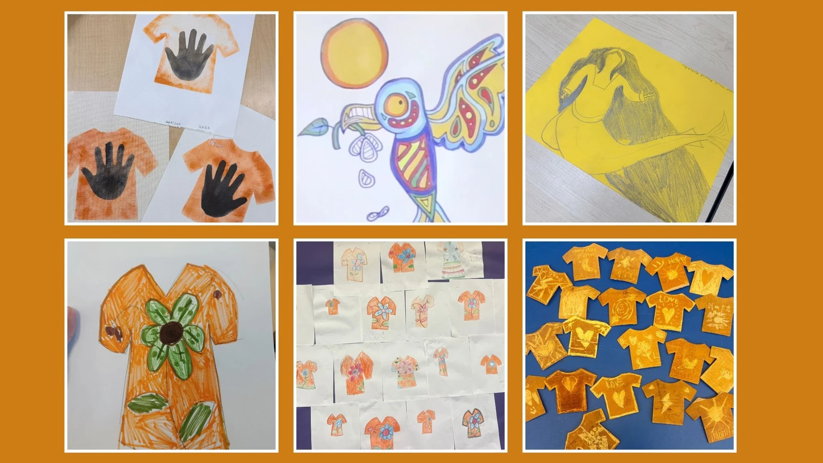 Collage of student artwork for Orange Shirt Day, including orange shirts, handprints, flowers and a colourful bird.